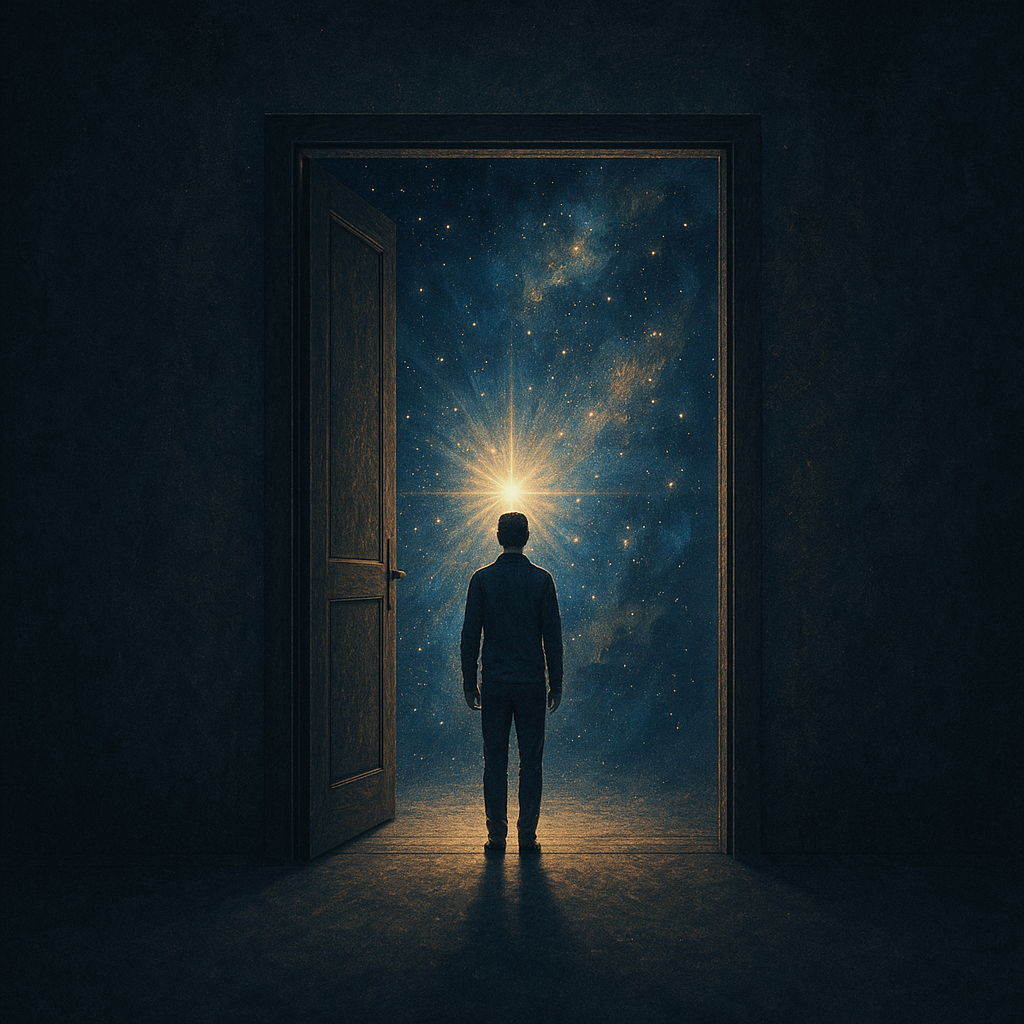 扉の向こうの宇宙へ進む人影